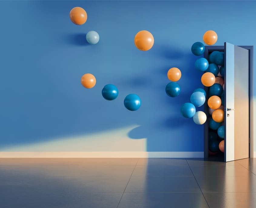 Balloons fly away through open door